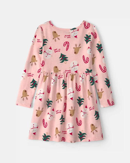 Girls Christmas Long-Sleeve Dress - Pink