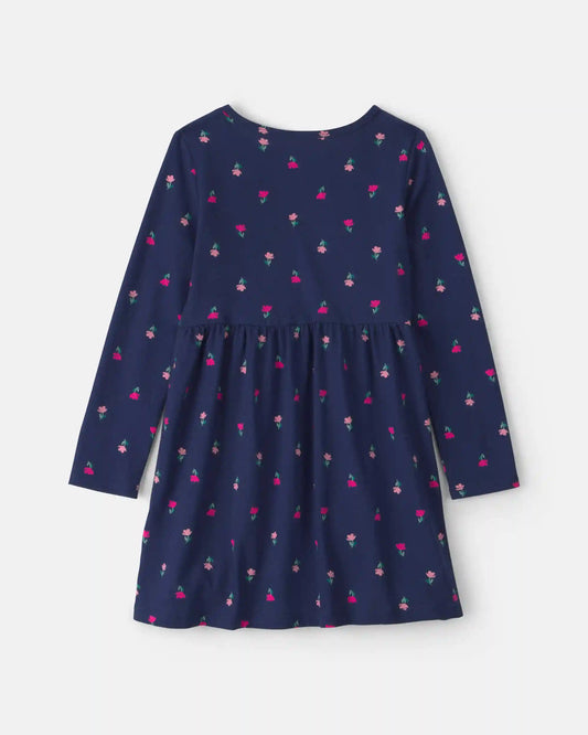 Girls Floral Long-Sleeve Dress - Navy Blue