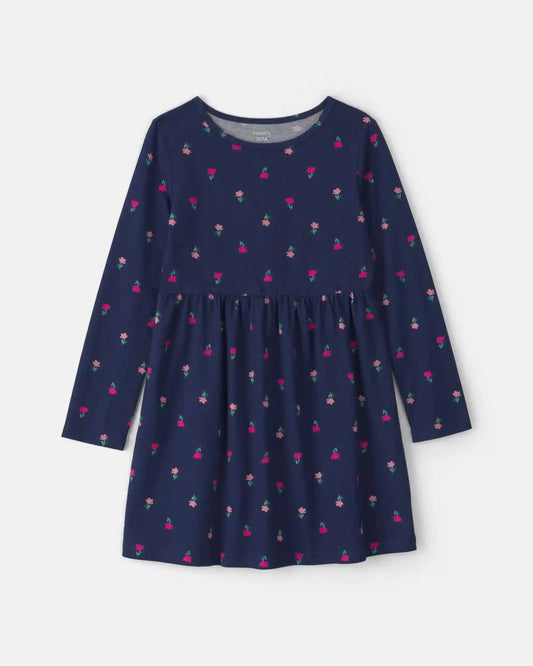 Girls Floral Long-Sleeve Dress - Navy Blue