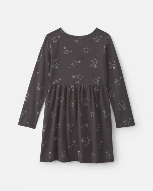 Girls Stars Long-Sleeve Dress - Grey