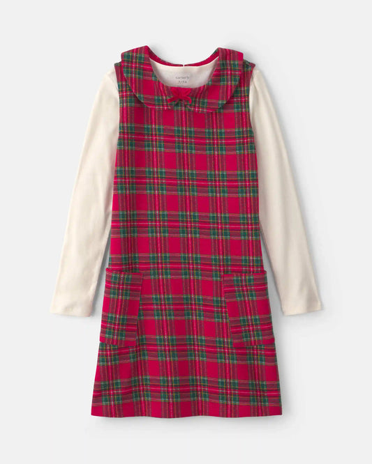 Girls 2-Piece Plaid Dress Set - Red/Cream