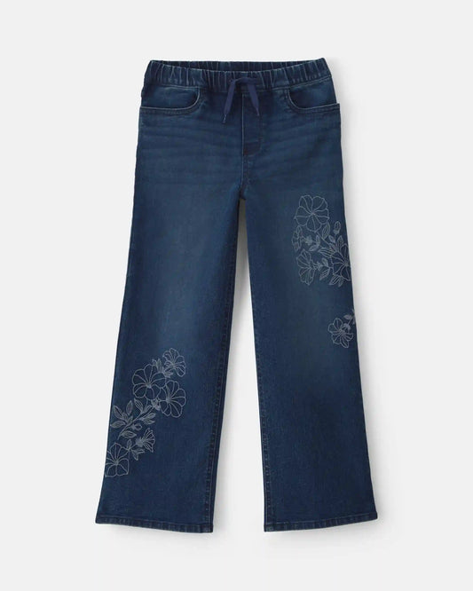 Girls Floral Denim Wide-Leg Jeans - Dark Wash