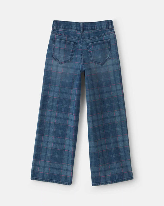 Girls Plaid Denim Wide-Leg Jeans - Medium Wash