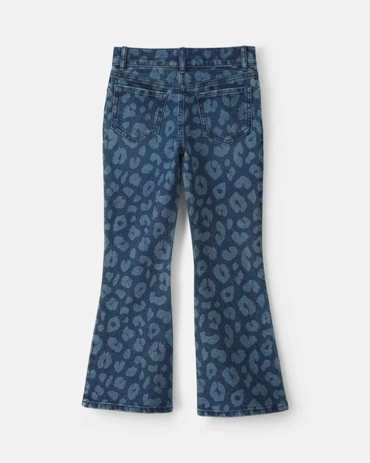 Girls Leopard Denim Flare Jeans - Dark Wash
