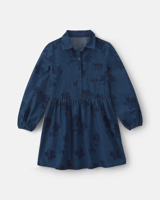 Girls Floral Denim Long-Sleeve Dress - Dark Wash