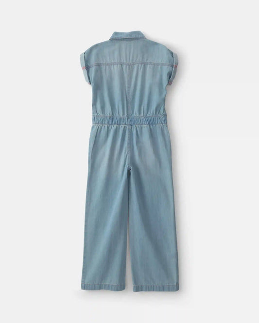 Girls Denim Short-Sleeve Jumpsuit - Light Wash