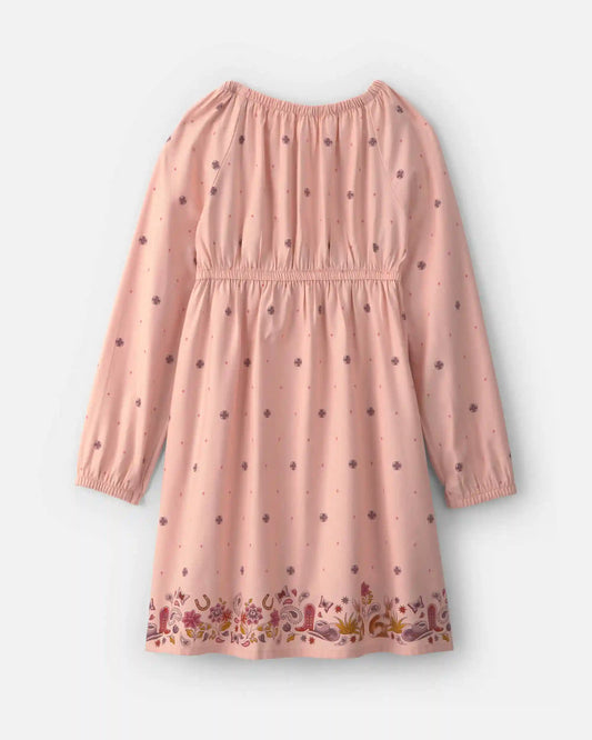 Girls Floral Twill Long-Sleeve Dress - Pink