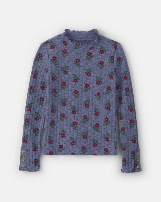 Girls Floral Long-Sleeve Mock Neck Top - Blue/Red