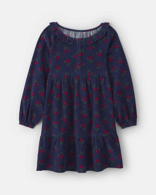 Girls Floral Corduroy Long-Sleeve Dress - Navy Blue