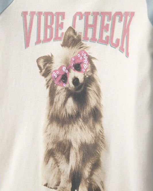 Girls 'Vibe Check' Dog Graphic Tee - Cream/Blue