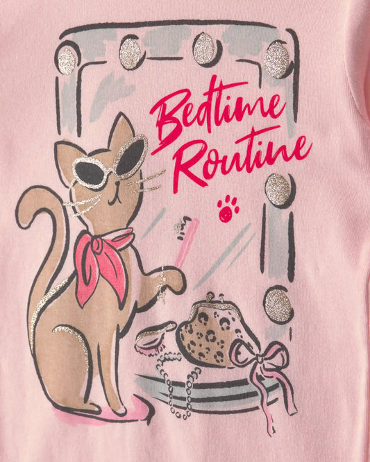 Girls 4-Piece 'Sassy Cat' Leopard 100% Cotton Snug Fit Pajama Set - Pink/Brown