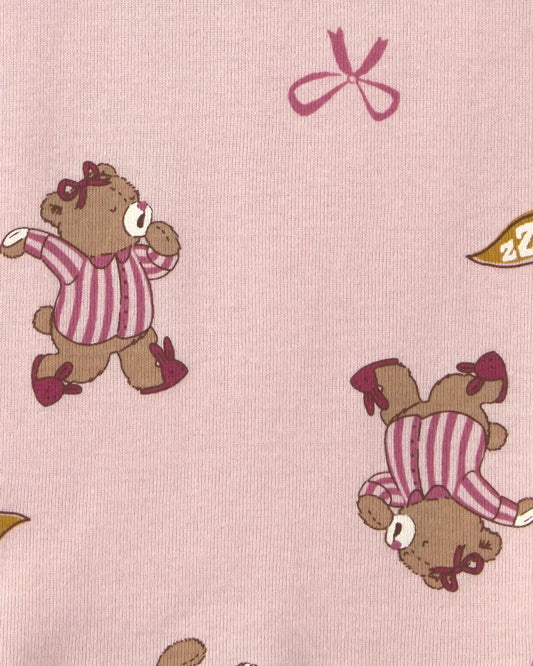 Girls 4-Piece Varsity Bear 100% Cotton Snug Fit Pajama Set - Pink/Cream