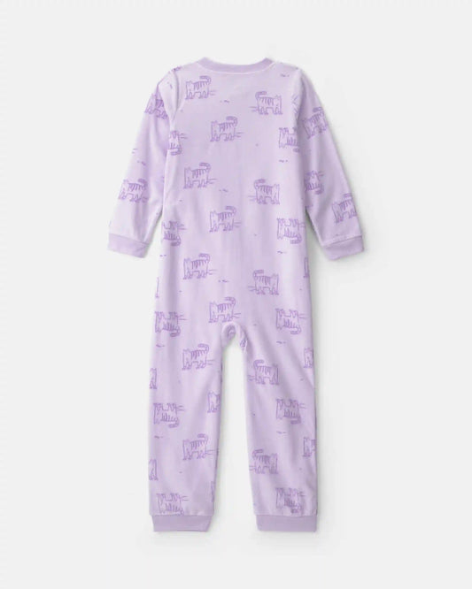 Girls 1-Piece Roller Skating Cat Fleece Loose Fit Pajama - Purple