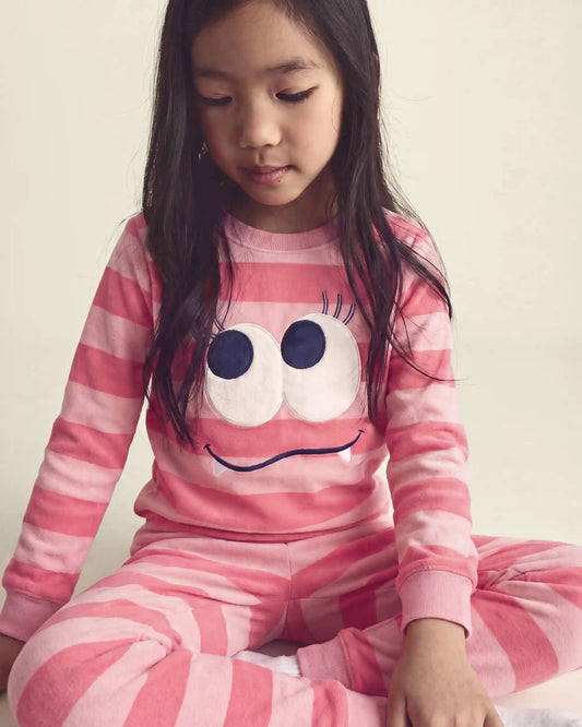 Girls 2-Piece Monster Striped DreamPlush Snug Fit Pajama Set - Coral
