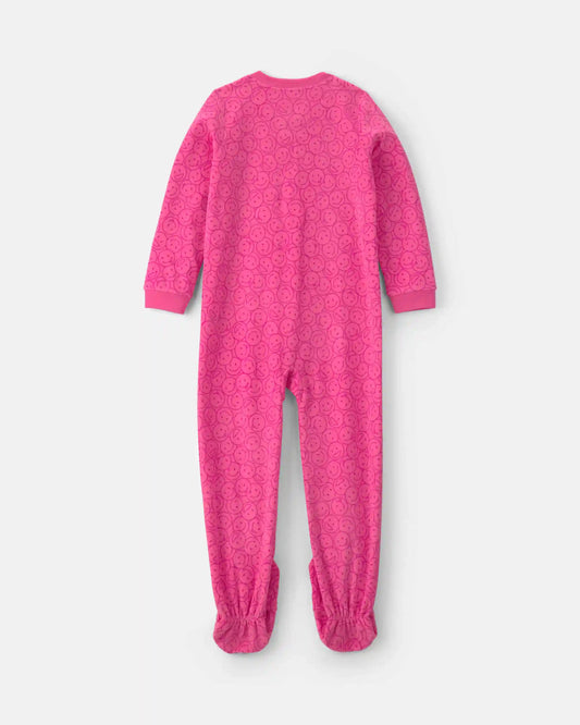 Girls 1-Piece Smiley Faces Fleece Loose Fit Footed Pajama - Pink