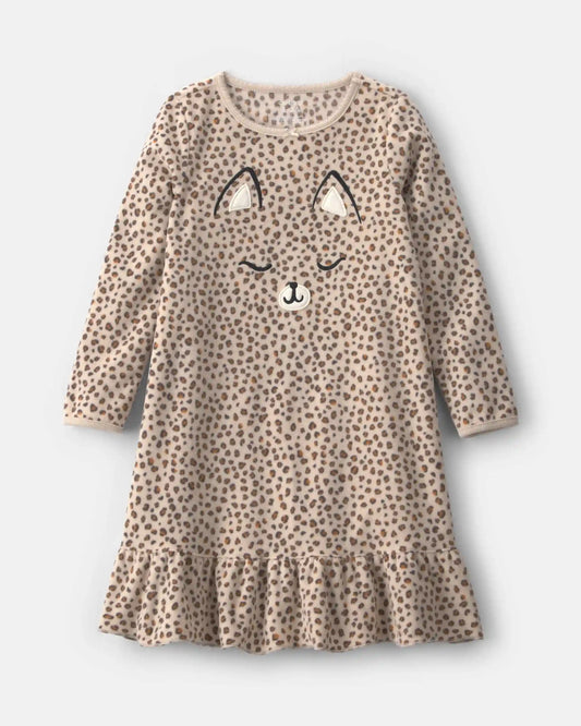 Girls Leopard Fleece Loose Fit Night Gown - Brown