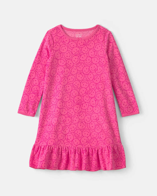 Girls Smiley Face Fleece Loose Fit Night Gown - Pink
