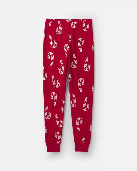 Adult Candy Cane Christmas Thermal Snug Fit 2-Piece Pajama Set - Red