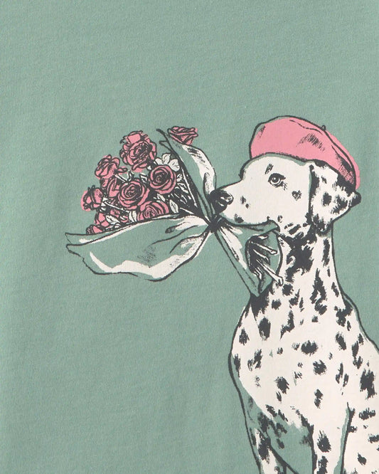 Girls Parisian Dog Long-Sleeve Graphic Tee - Green