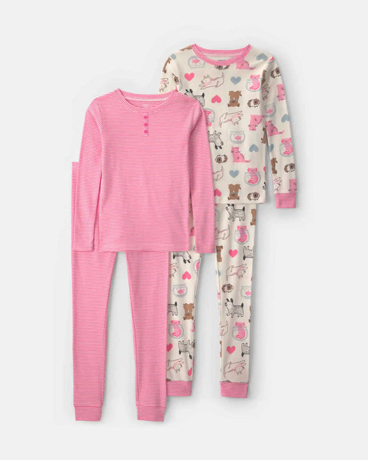 Girls 4-Piece Pets 100% Cotton Snug Fit Pajama Set - Pink/Cream