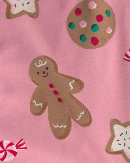 Adult 2-Piece Christmas Gingerbread Fleece Loose Fit Pajama Set - Pink