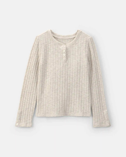 Girls Ribbed Long-Sleeve Henley T-Shirt - Cream