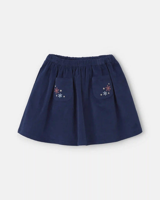 Girls Flower Corduroy Skirt - Navy Blue