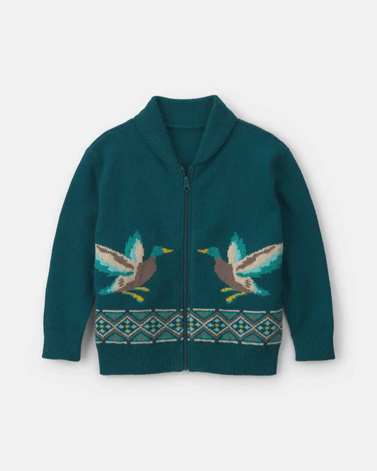 Boys Duck Fair Isle Baggy Cardigan Sweater - Green