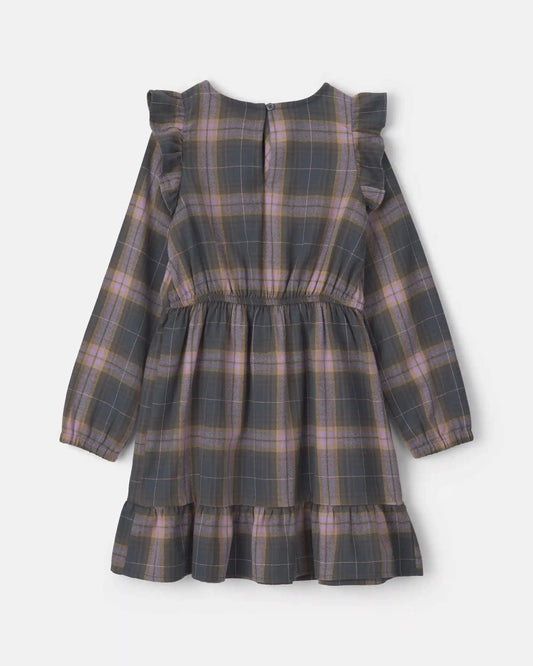 Girls Plaid Ruffle Long-Sleeve Dress - Grey/Pink