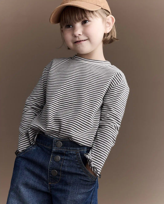 Toddler Girl Striped Ruffle Edge Long-Sleeve Top - Dark Grey/Ivory