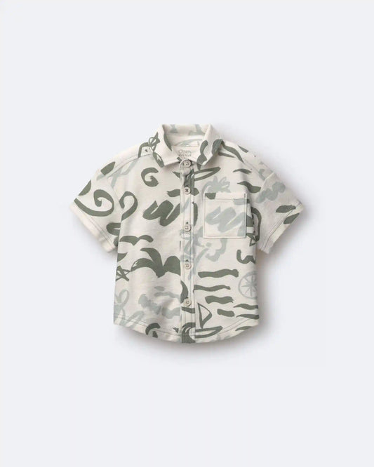 Toddler Boy Button-Down Short-Sleeve Shirt in Beach Print - Cream