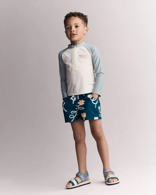 Toddler Boy Swim Trunk in Floral Print - Teal