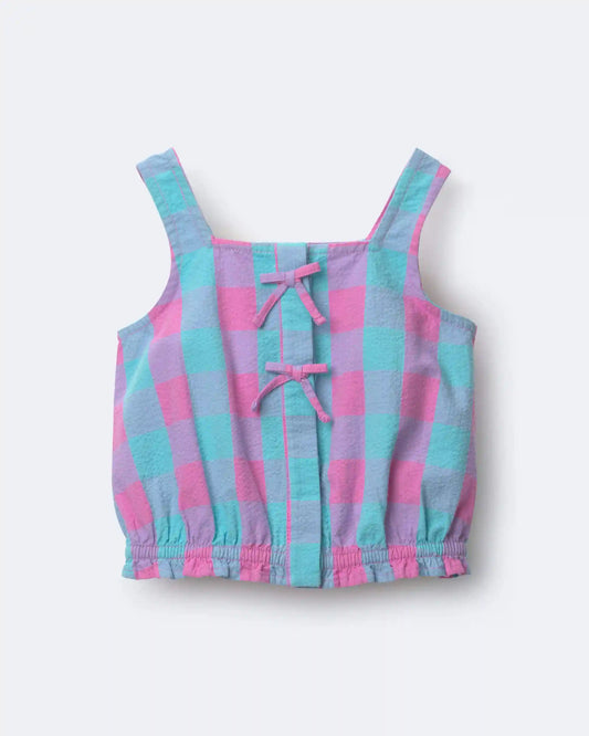 Toddler Girl Gingham Peplum Top with Bows - Purple/Blue