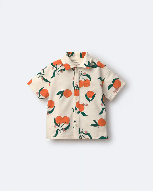 Toddler Boy Button-Down Short-Sleeve Shirt in Clementine Grove Print - Cream
