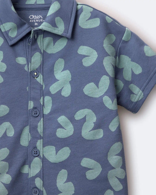 Toddler Boy Button-Down Short-Sleeve Shirt in Abstract Print - Slate Blue