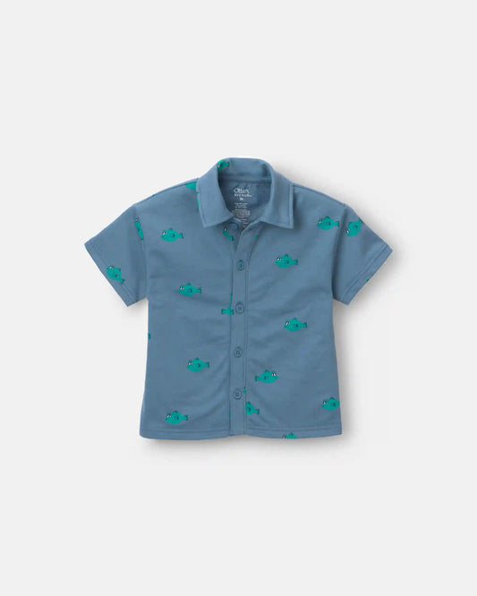 Toddler Boy Button-Down Short-Sleeve Shirt in Fish Print - Slate Blue