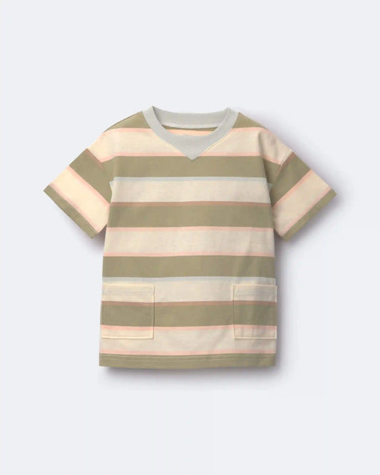 Toddler Boy Otter Pocket Tee in Stripes - Cream/Light Blue