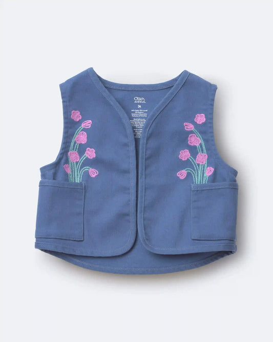 Toddler Girl Embroidered Cropped Vest with Otter Pockets - Slate Blue