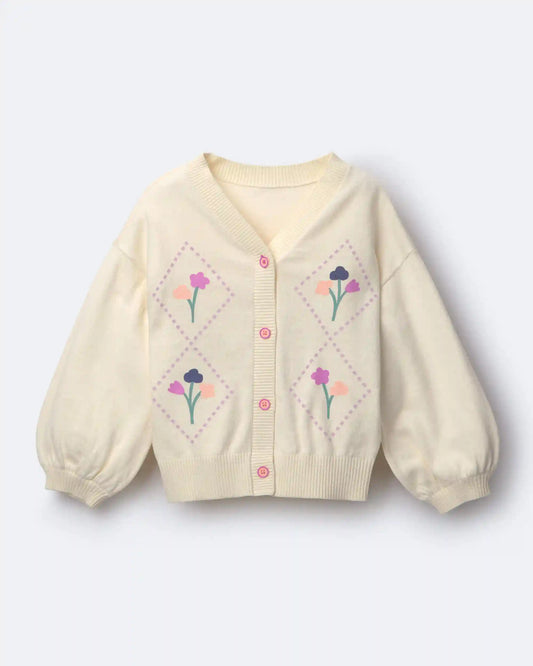 Toddler Girl Cardigan Sweater with Flowers - Cream