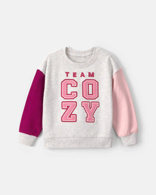 Toddler Girl 'Team Cozy' French Terry Pullover Sweatshirt - Grey/Pink/Burgundy