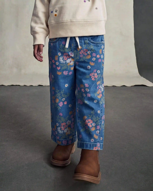 Toddler Girl Floral Denim Wide-Leg Jeans - Dark Wash