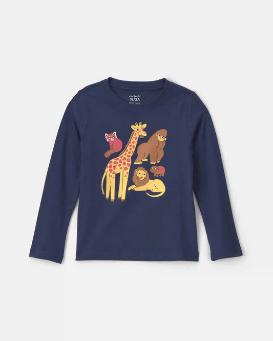 Toddler Boy Safari Animals Long-Sleeve Graphic Tee - Navy Blue