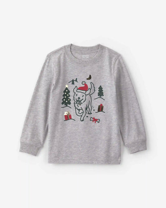 Toddler Boy Christmas Dog Long-Sleeve Graphic Tee - Grey