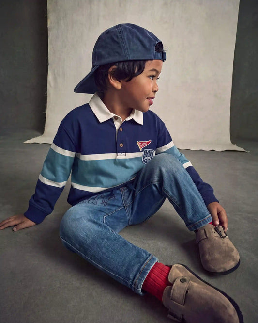 Toddler Boy Varsity Striped Long-Sleeve Polo Shirt - Navy Blue