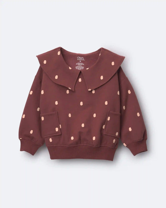 Toddler Girl Peter Pan Collar Pullover with Otter Pockets in Polka Dots - Burgundy