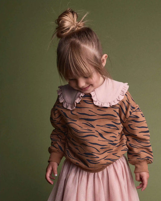 Toddler Balloon-Sleeve Pullover Sweatshirt in Tiger Print - Brown