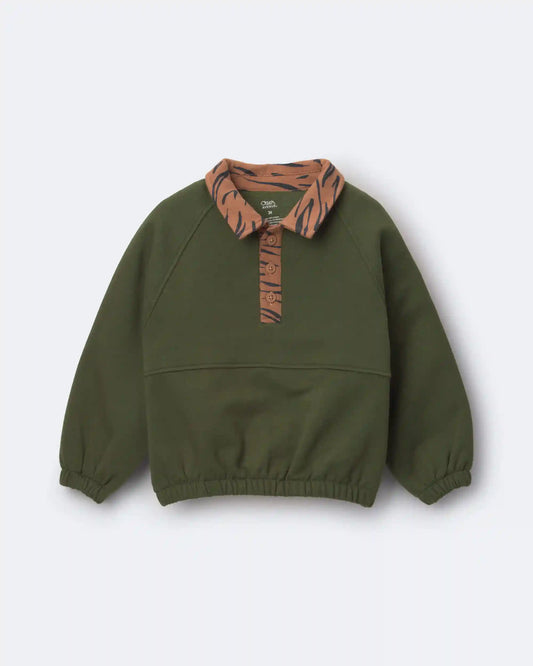 Toddler Girl Leopard Collar Pullover Sweatshirt - Olive