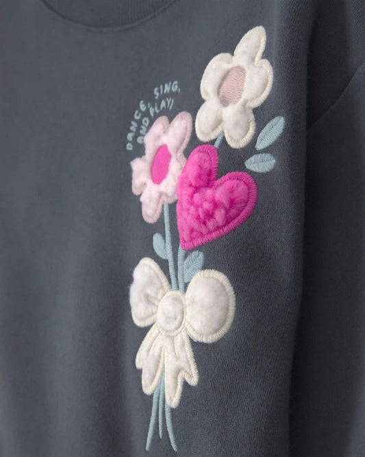 Toddler Girl Floral Fleece Pullover Sweatshirt - Dark Grey