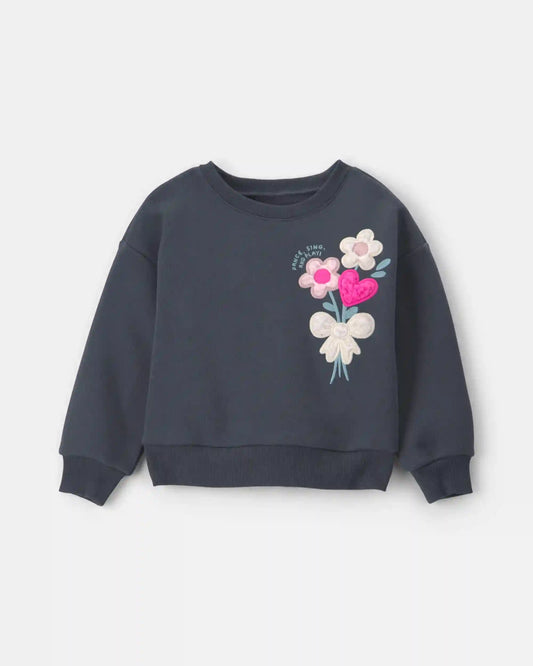 Toddler Girl Floral Fleece Pullover Sweatshirt - Dark Grey