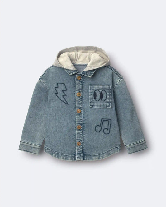 Toddler Denim Hooded Jacket in Avenue Wash - Blue/Heather Grey